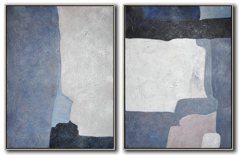 Abstract Painting Extra Large Canvas Art,Set Of 2 Contemporary Art On Canvas,Unique Canvas Art,Black,Dark Blue,Violet Ash,White.etc